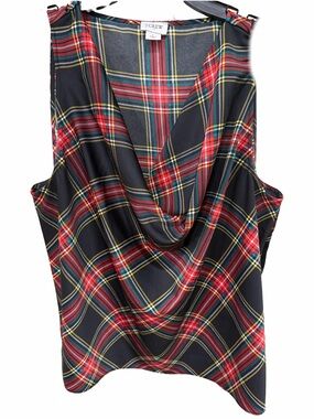 J. Crew NWOT large Black Plaid Cowl Neck Tank with Red Tartan Holidays